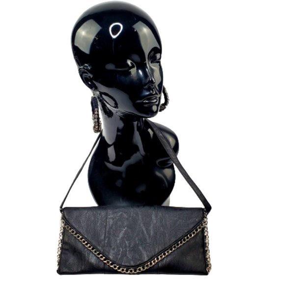 Black Leather  Envelope Clutch with Chain Edging Bag. - Picture 4 of 5